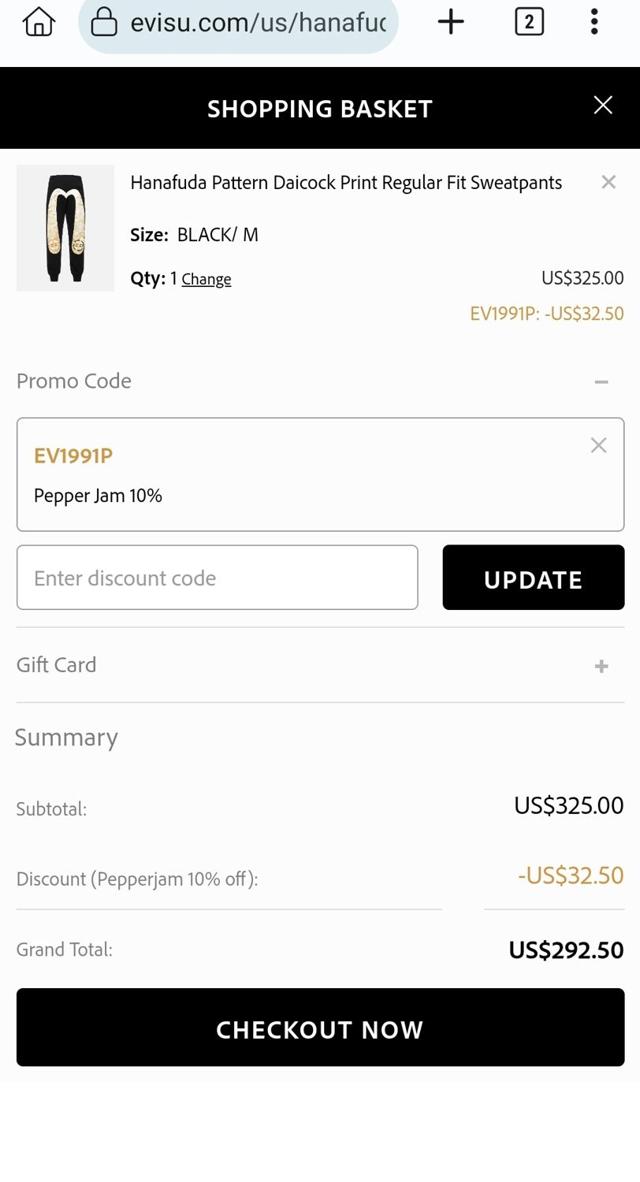 Evisu checkout page showing Evisu coupon code box | Screenshot taken by SimplyCodes community member on Feb 15, 2024