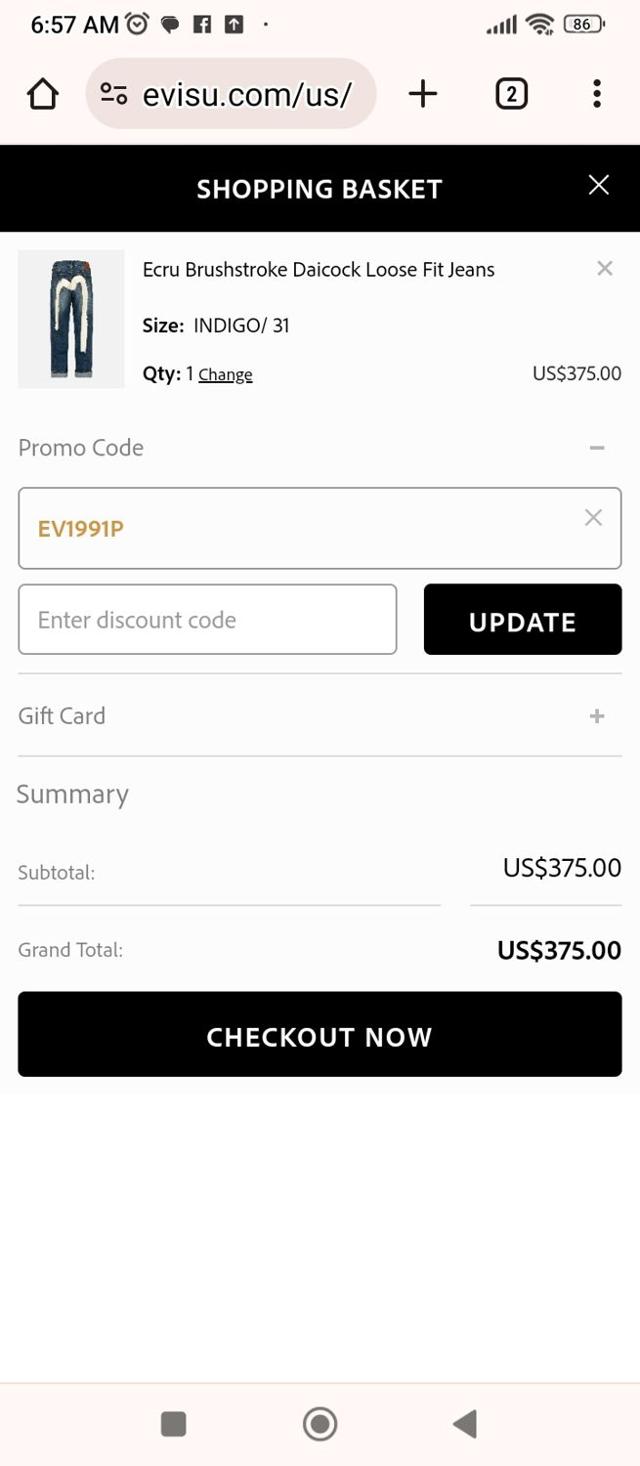 Evisu checkout page showing Evisu coupon code box | Screenshot taken by SimplyCodes community member on Apr 23, 2024
