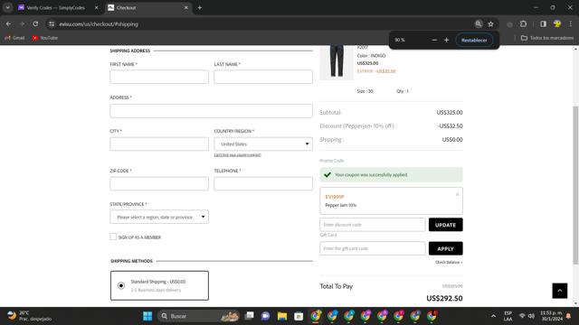 Evisu checkout page showing Evisu coupon code box | Screenshot taken by SimplyCodes community member on Jan 31, 2024