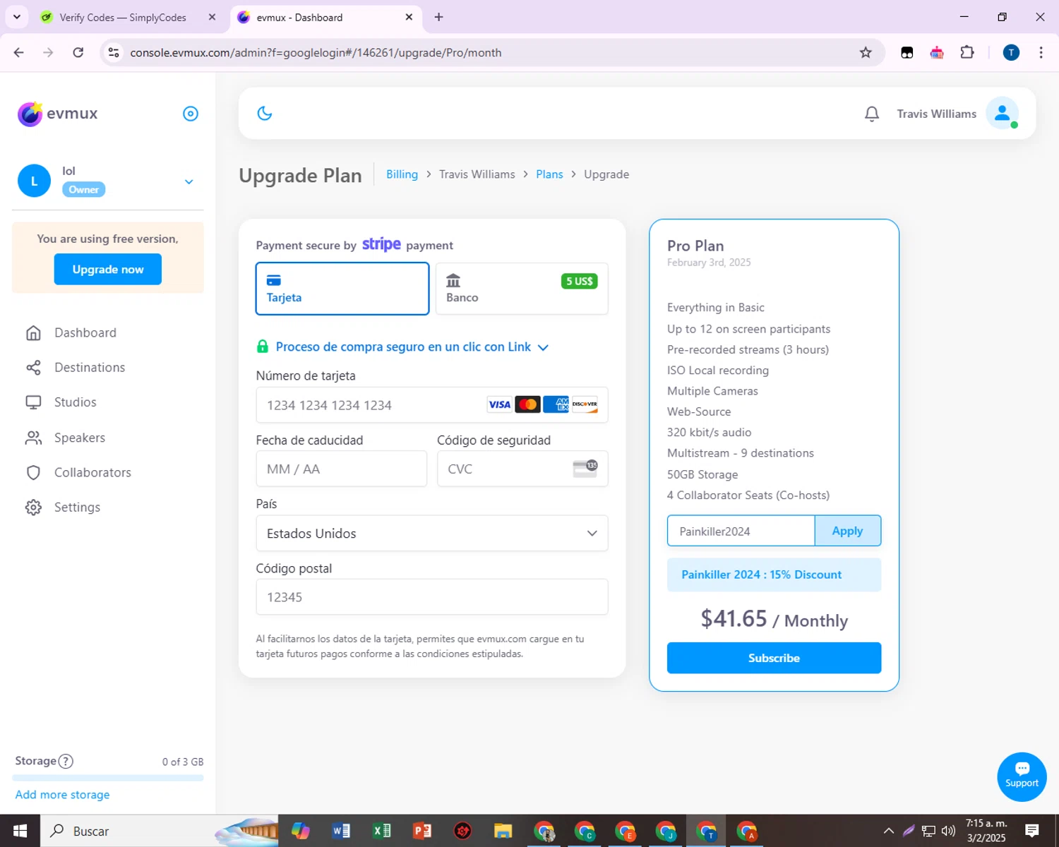 Evmux checkout page showing Evmux coupon code box | Screenshot taken by SimplyCodes community member on Feb 3, 2025