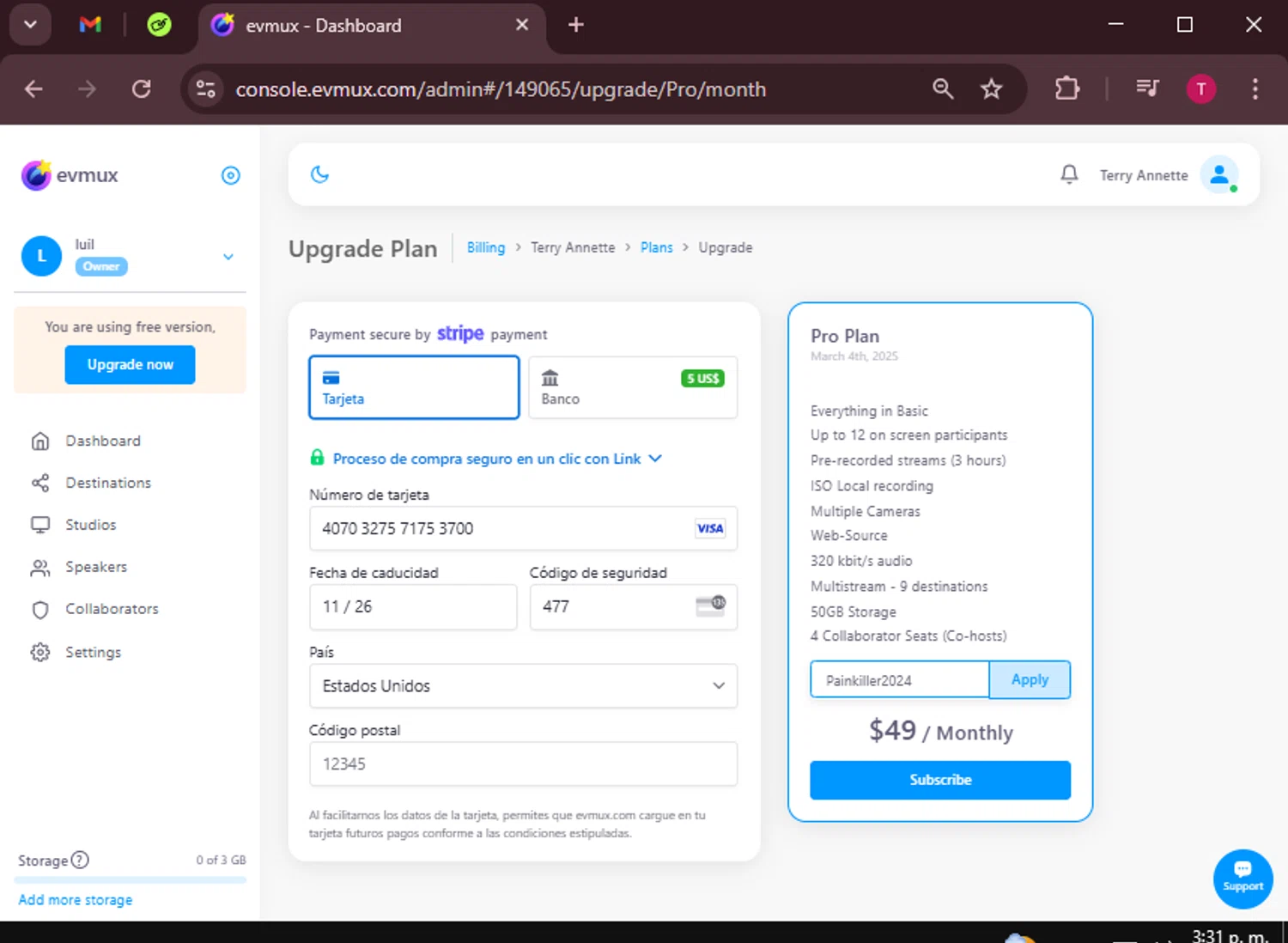 Evmux coupon code screenshot showing code Painkiller2024 applied at Evmux checkout page. Uploaded by SimplyCodes community member WiseScout3498 on Mar 4, 2025