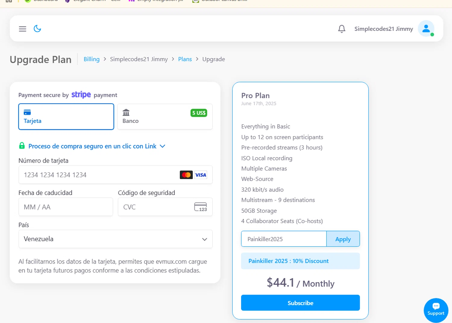 Evmux checkout page showing Evmux coupon code box | Screenshot taken by SimplyCodes community member on Jun 17, 2025