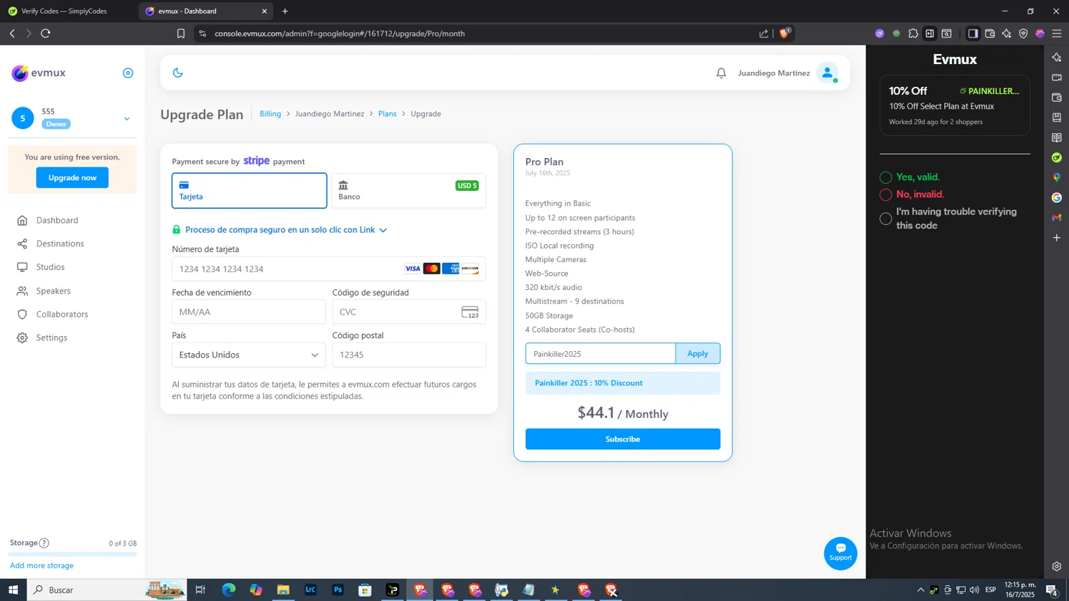Evmux checkout page showing Evmux coupon code box | Screenshot taken by SimplyCodes community member on Jul 16, 2025