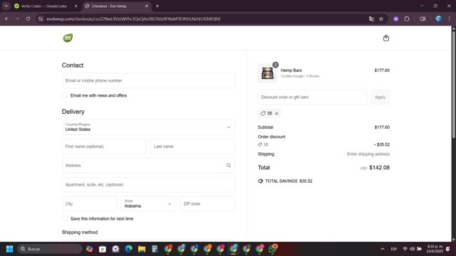 Evo Hemp checkout page showing Evo Hemp coupon code box | Screenshot taken by SimplyCodes community member on Jun 24, 2025
