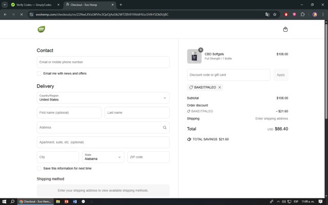 Evo Hemp checkout page showing Evo Hemp coupon code box | Screenshot taken by SimplyCodes community member on Jun 20, 2025