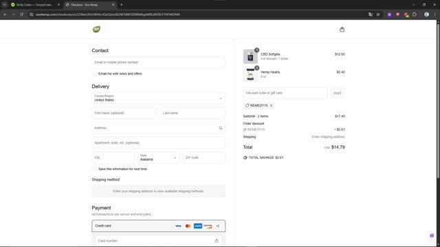Evo Hemp checkout page showing Evo Hemp coupon code box | Screenshot taken by SimplyCodes community member on Jun 20, 2025