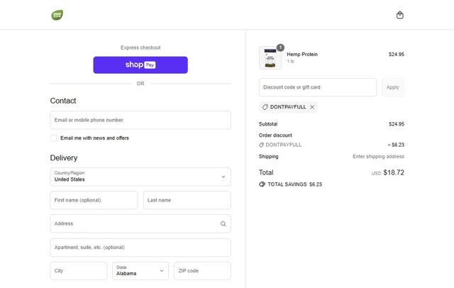 Evo Hemp checkout page showing Evo Hemp coupon code box | Screenshot taken by SimplyCodes community member on Jul 23, 2025