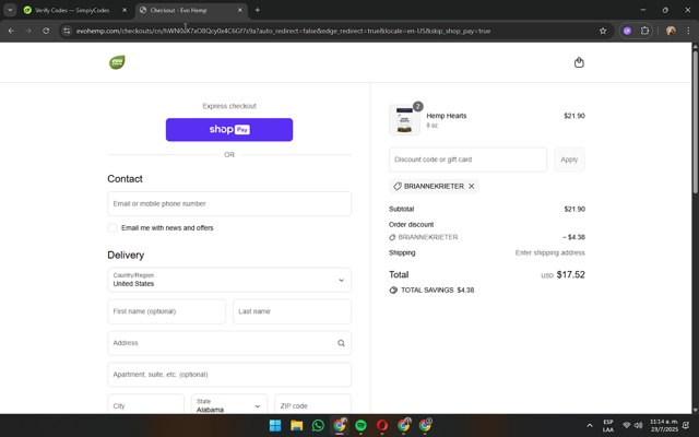 Evo Hemp checkout page showing Evo Hemp coupon code box | Screenshot taken by SimplyCodes community member on Jul 23, 2025