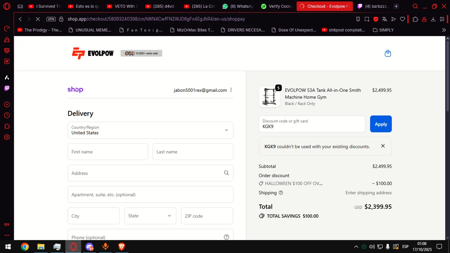 Evolpow promo code screenshot showing code KGK9 applied at Evolpow checkout page. Uploaded by SimplyCodes community member Helpme on Oct 17, 2025
