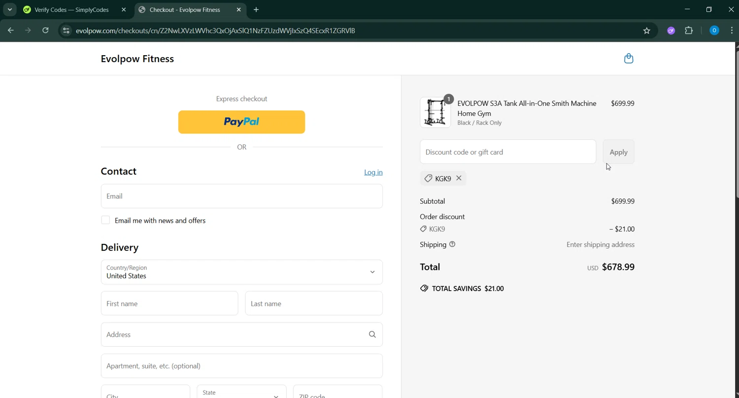 Evolpow promo code screenshot showing code KGK9 applied at Evolpow checkout page. Uploaded by SimplyCodes community member GoldAdmiral5202 on May 1, 2025