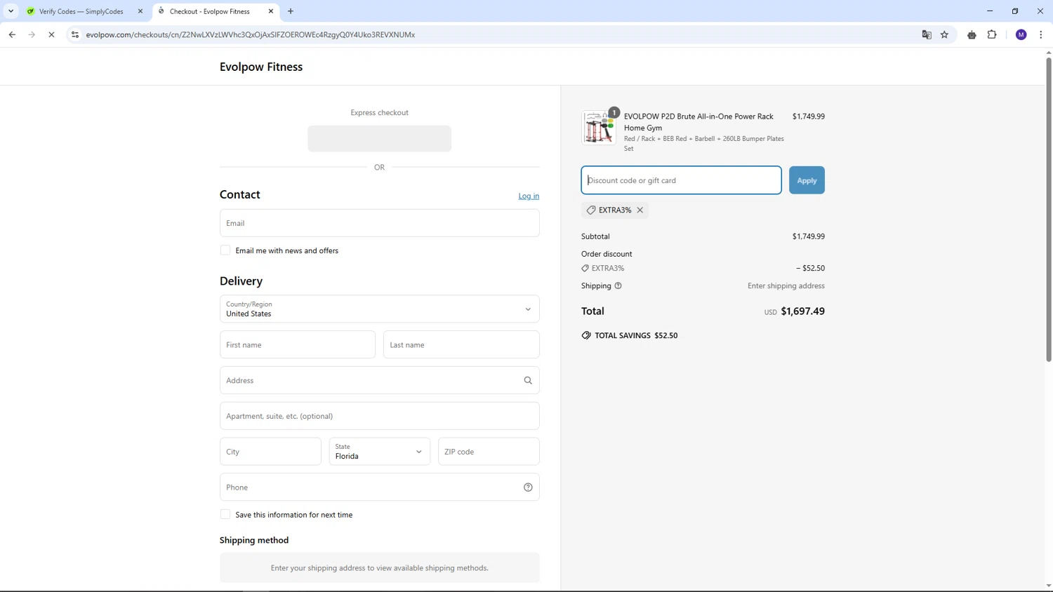 Evolpow promo code screenshot showing code EXTRA3% applied at Evolpow checkout page. Uploaded by SimplyCodes community member CRF250CC on Apr 3, 2025