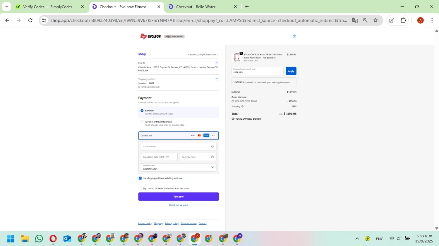 Evolpow promo code screenshot showing code EXTRA3% applied at Evolpow checkout page. Uploaded by SimplyCodes community member FundoKadmiel on Sep 19, 2025