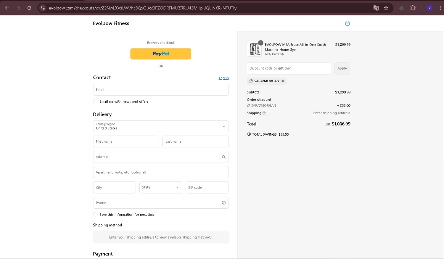 Evolpow promo code screenshot showing code SARAYMORGAN applied at Evolpow checkout page. Uploaded by SimplyCodes community member Yabriel007 on Apr 3, 2025