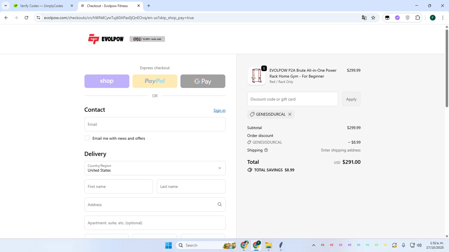 Evolpow promo code screenshot showing code GENESISDURCAL applied at Evolpow checkout page. Uploaded by SimplyCodes community member Juanse on Oct 17, 2025