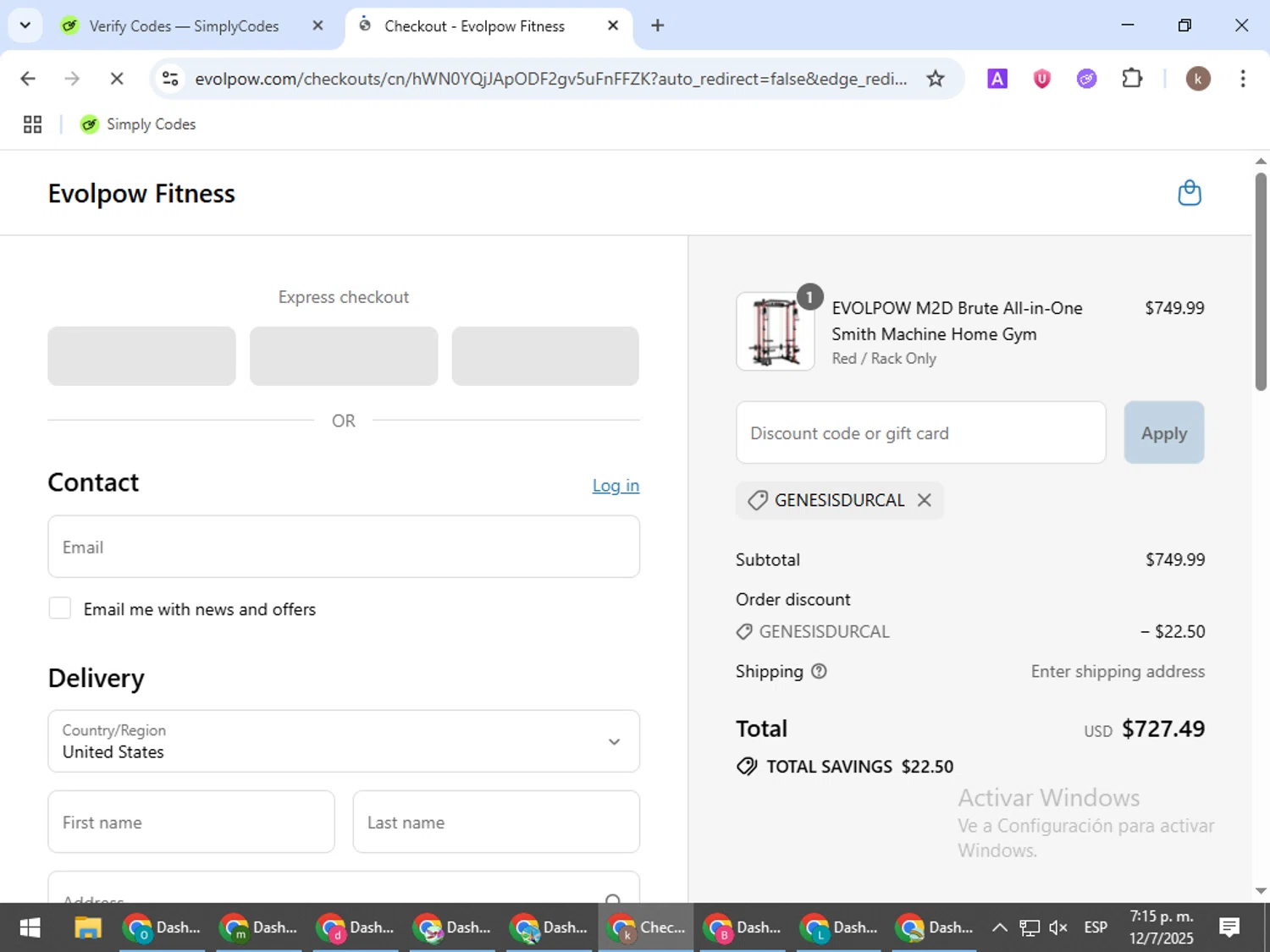 Evolpow promo code screenshot showing code GENESISDURCAL applied at Evolpow checkout page. Uploaded by SimplyCodes community member RewardRanger298 on Jul 12, 2025