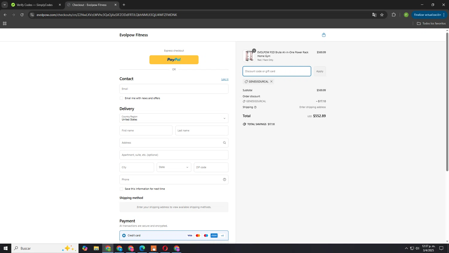 Evolpow promo code screenshot showing code GENESISDURCAL applied at Evolpow checkout page. Uploaded by SimplyCodes community member GloriousCaptain8066 on Apr 3, 2025
