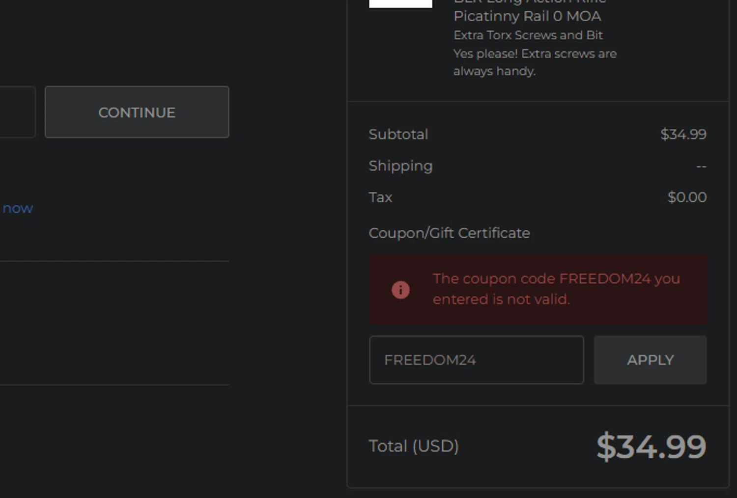 Evolution Gun Works promo code screenshot showing code FREEDOM24 applied at Evolution Gun Works checkout page. Uploaded by SimplyCodes community member FIREINTHEHOLE on Apr 18, 2025