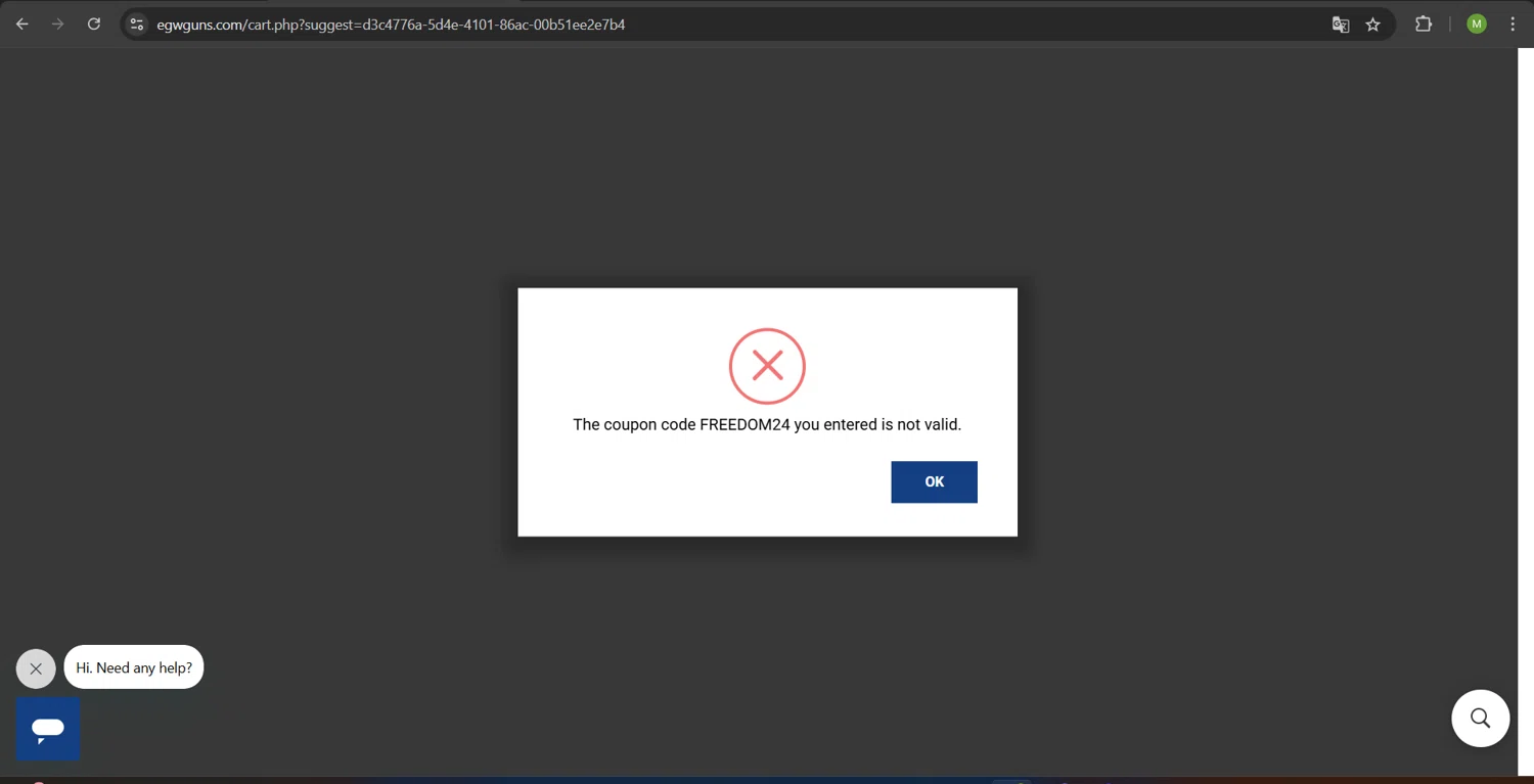 Evolution Gun Works promo code screenshot showing code FREEDOM24 applied at Evolution Gun Works checkout page. Uploaded by SimplyCodes community member ScanHunter7116 on Jan 11, 2025