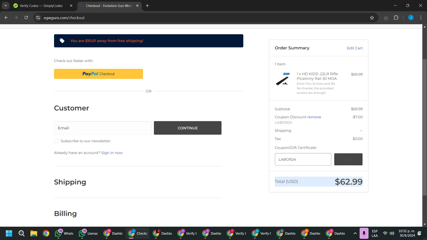 Evolution Gun Works checkout page showing Evolution Gun Works promo code box | Screenshot taken by SimplyCodes community member on Aug 31, 2024