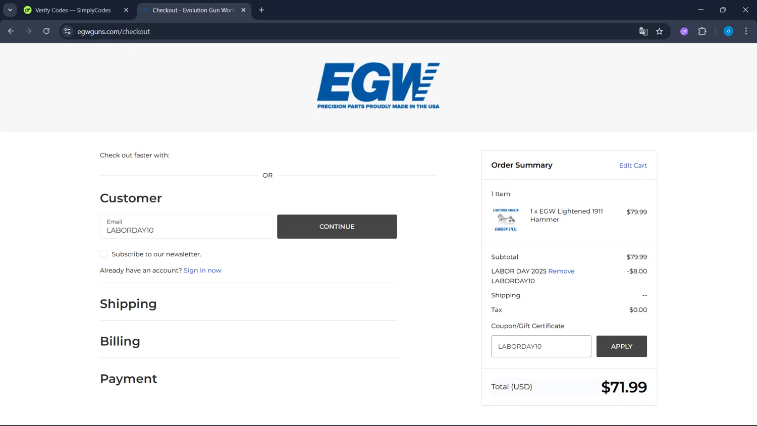 Evolution Gun Works checkout page showing Evolution Gun Works promo code box | Screenshot taken by SimplyCodes community member on Aug 29, 2025
