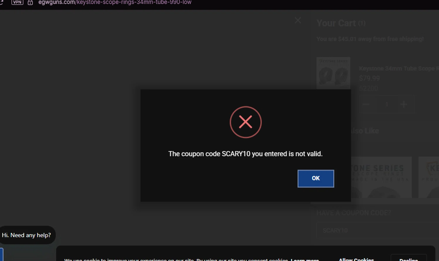 Evolution Gun Works promo code screenshot showing code SCARY10 applied at Evolution Gun Works checkout page. Uploaded by SimplyCodes community member chepipi on Nov 5, 2025