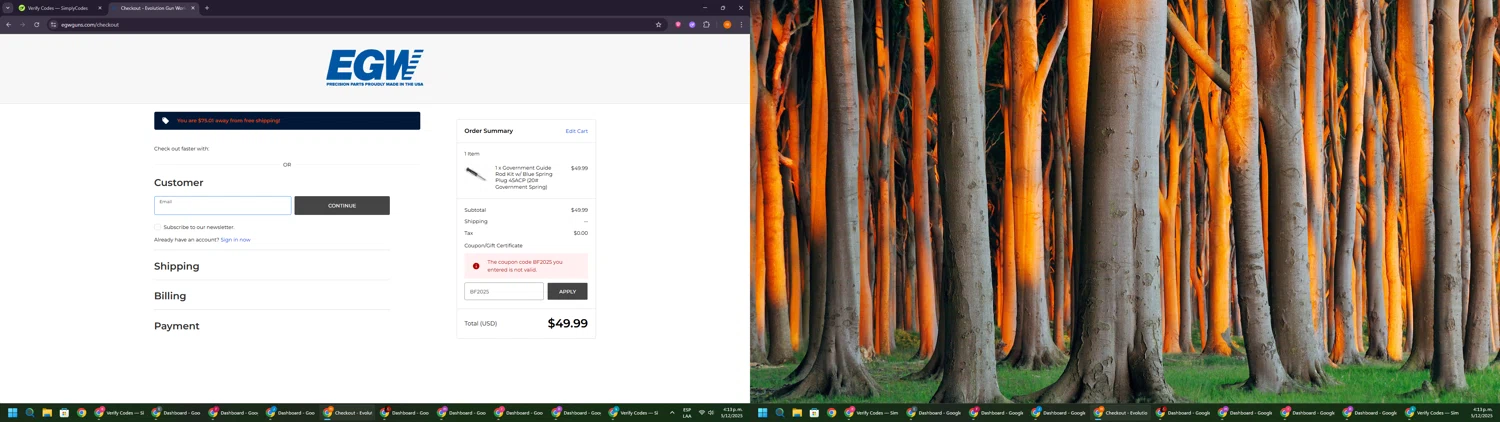 Evolution Gun Works promo code screenshot showing code BF2025 applied at Evolution Gun Works checkout page. Uploaded by SimplyCodes community member Davoxeneixe on Dec 5, 2025