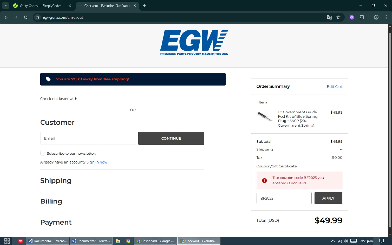 Evolution Gun Works promo code screenshot showing code BF2025 applied at Evolution Gun Works checkout page. Uploaded by SimplyCodes community member ShieldPioneer5726 on Dec 5, 2025