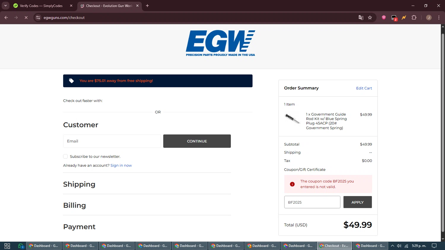 Evolution Gun Works promo code screenshot showing code BF2025 applied at Evolution Gun Works checkout page. Uploaded by SimplyCodes community member ShrewdAdmiral5920 on Dec 5, 2025