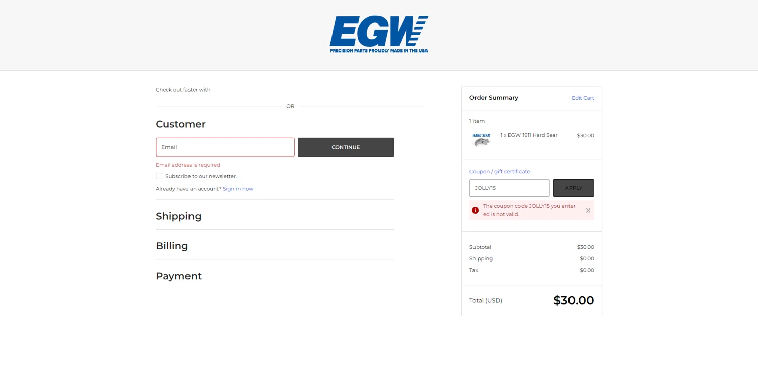 Evolution Gun Works promo code screenshot showing code JOLLY15 applied at Evolution Gun Works checkout page. Uploaded by SimplyCodes community member NobleMaestro6498 on Jan 11, 2026