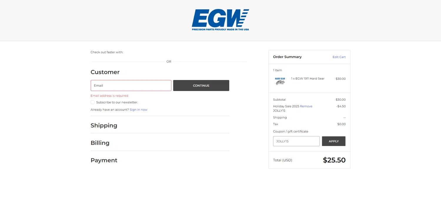 Evolution Gun Works promo code screenshot showing code JOLLY15 applied at Evolution Gun Works checkout page. Uploaded by SimplyCodes community member PromoSeeker7158 on Dec 25, 2025