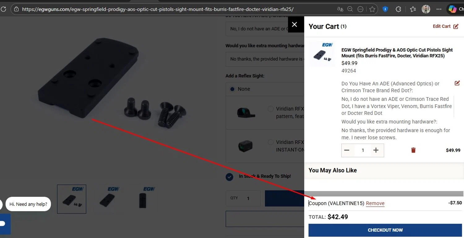 Evolution Gun Works promo code screenshot showing code VALENTINE15 applied at Evolution Gun Works checkout page. Uploaded by SimplyCodes community member HonestVzla on Feb 13, 2026