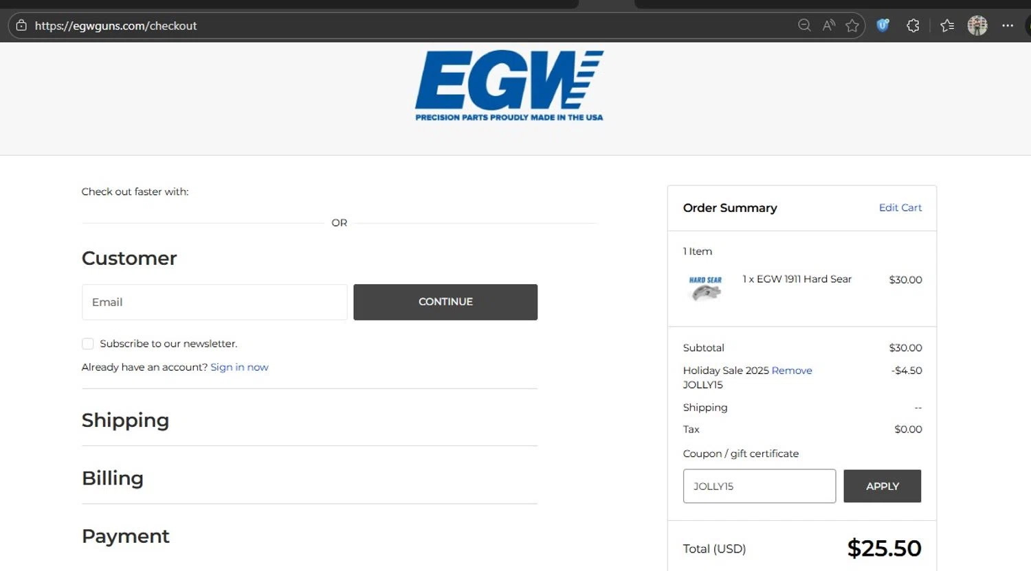 Evolution Gun Works promo code screenshot showing code JOLLY15 applied at Evolution Gun Works checkout page. Uploaded by SimplyCodes community member HonestVzla on Dec 25, 2025