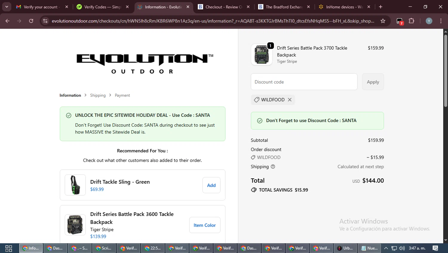 Evolution Outdoor promo code screenshot showing code WILDFOOD applied at Evolution Outdoor checkout page. Uploaded by SimplyCodes community member MoneyTiger5162 on Nov 27, 2025