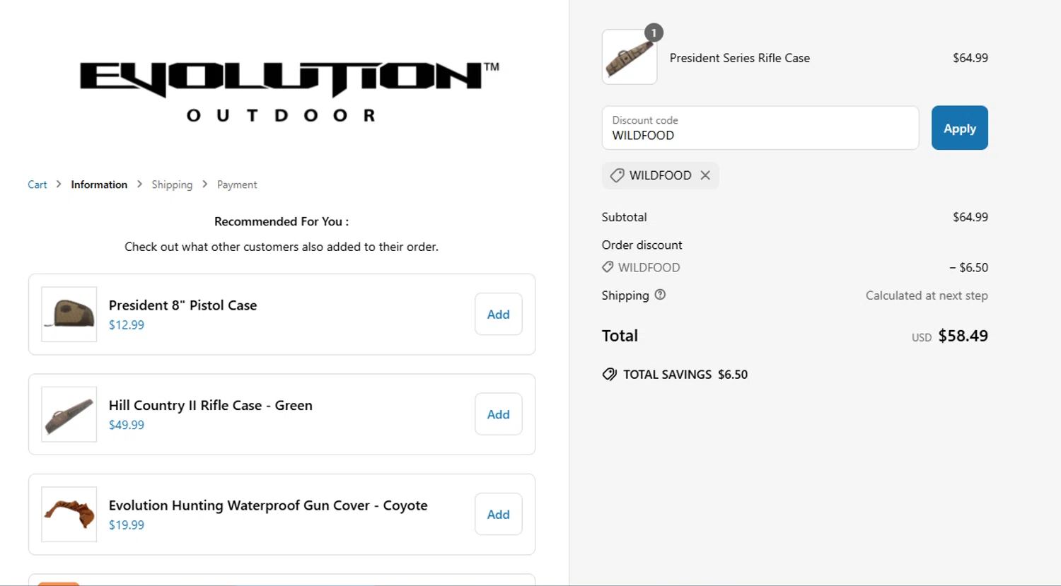 Evolution Outdoor promo code screenshot showing code WILDFOOD applied at Evolution Outdoor checkout page. Uploaded by SimplyCodes community member TreasureMonarch3770 on Mar 30, 2025