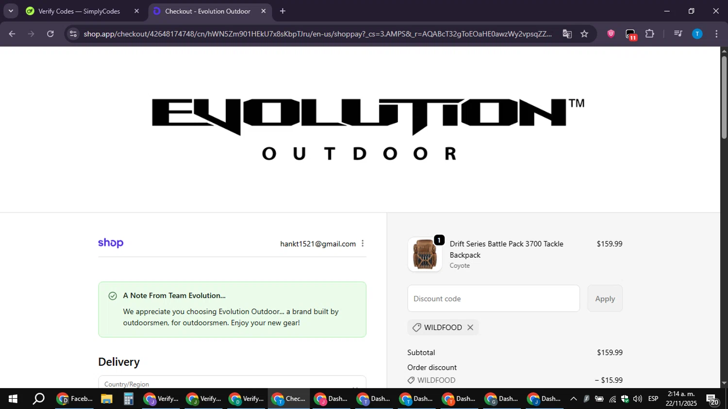 Evolution Outdoor promo code screenshot showing code WILDFOOD applied at Evolution Outdoor checkout page. Uploaded by SimplyCodes community member hankt1521 on Nov 22, 2025