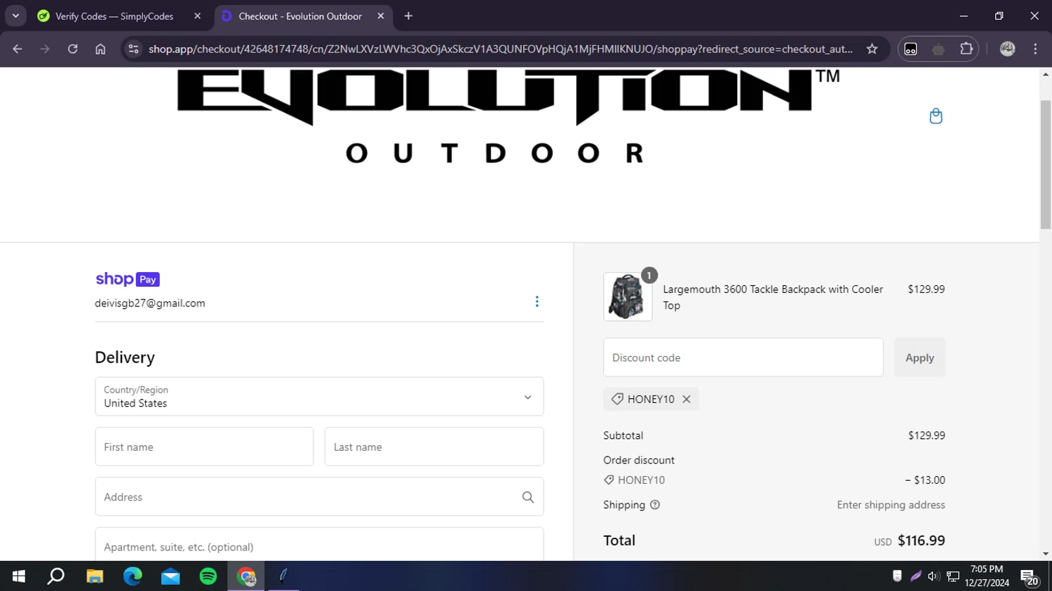 Evolution Outdoor promo code screenshot showing code HONEY10 applied at Evolution Outdoor checkout page. Uploaded by SimplyCodes community member ELREAL7 on Dec 27, 2024