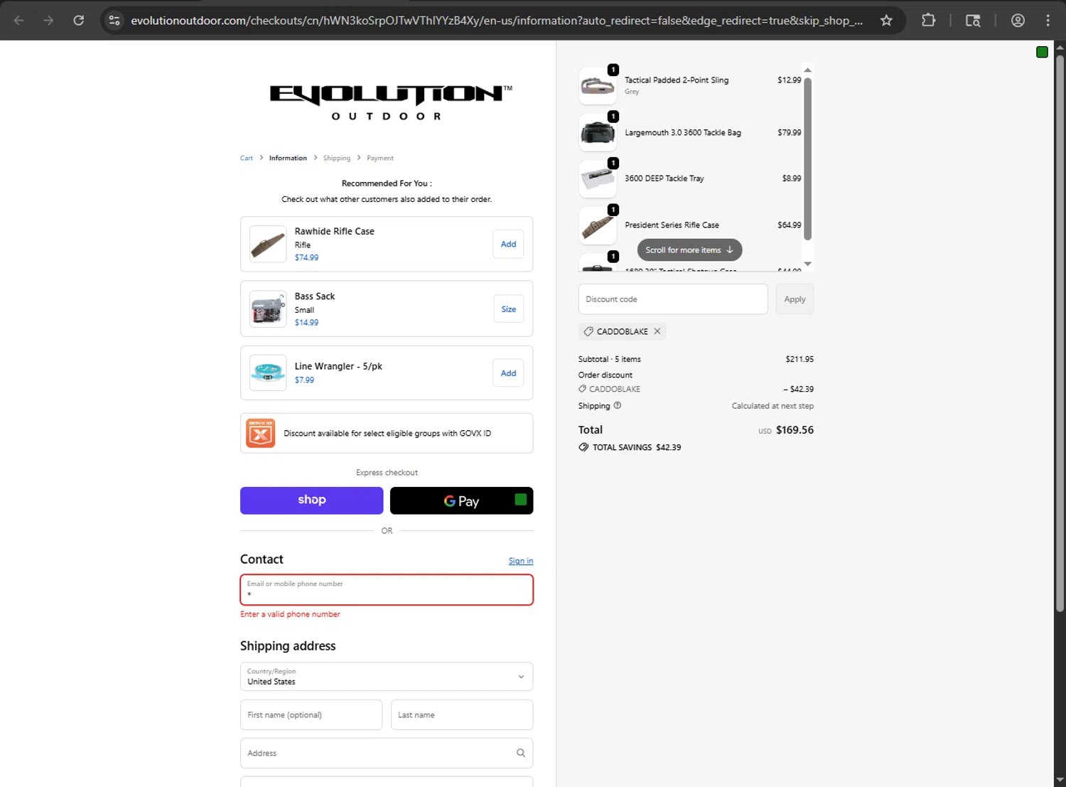 Evolution Outdoor promo code screenshot showing code CaddoBlake applied at Evolution Outdoor checkout page. Uploaded by SimplyCodes community member Aljondris97 on Oct 5, 2025