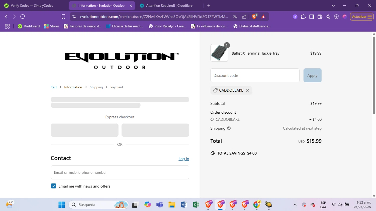 Evolution Outdoor promo code screenshot showing code CaddoBlake applied at Evolution Outdoor checkout page. Uploaded by SimplyCodes community member antoooooooooooooo on Jun 24, 2025