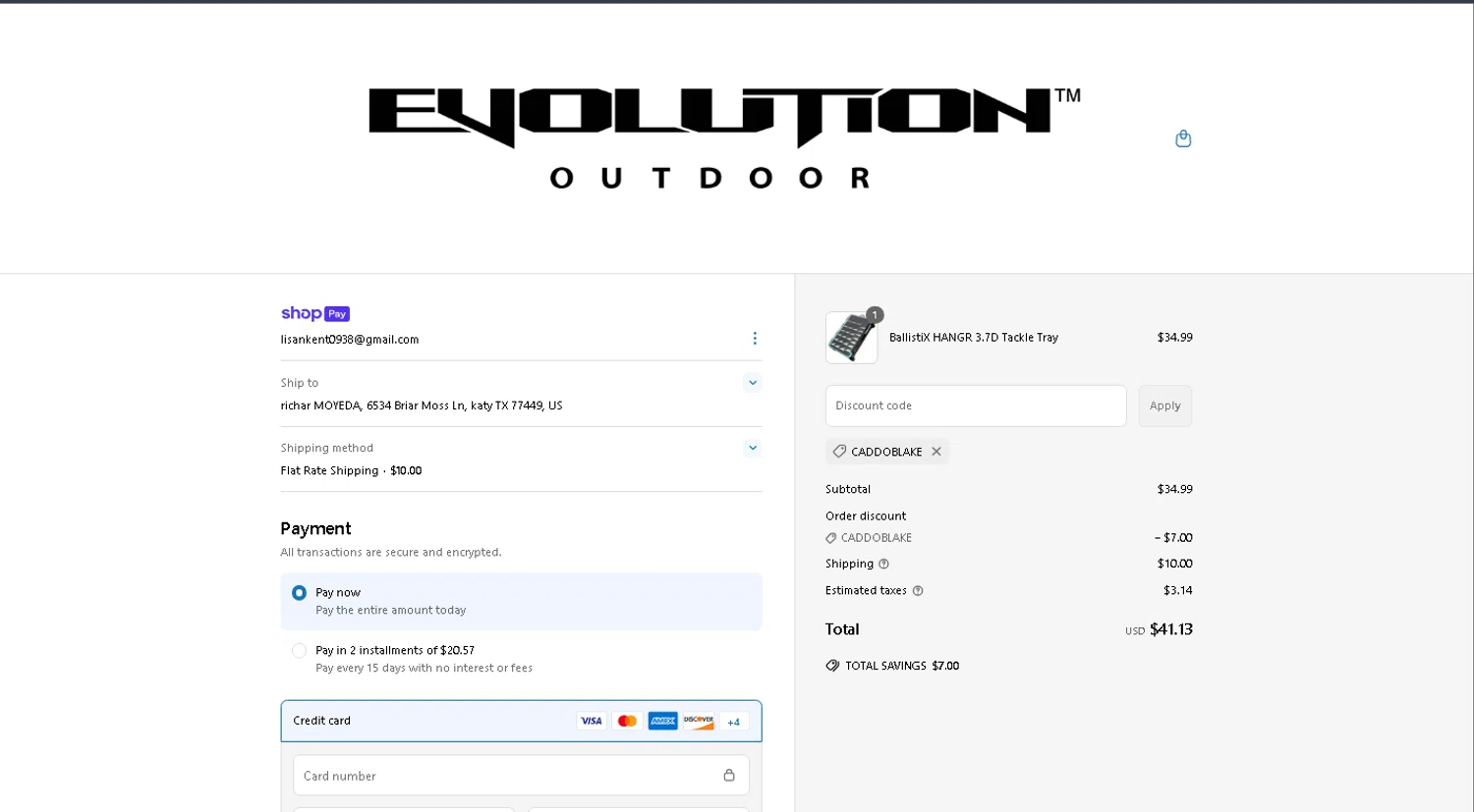 Evolution Outdoor promo code screenshot showing code CaddoBlake applied at Evolution Outdoor checkout page. Uploaded by SimplyCodes community member carlosra07 on Apr 30, 2025