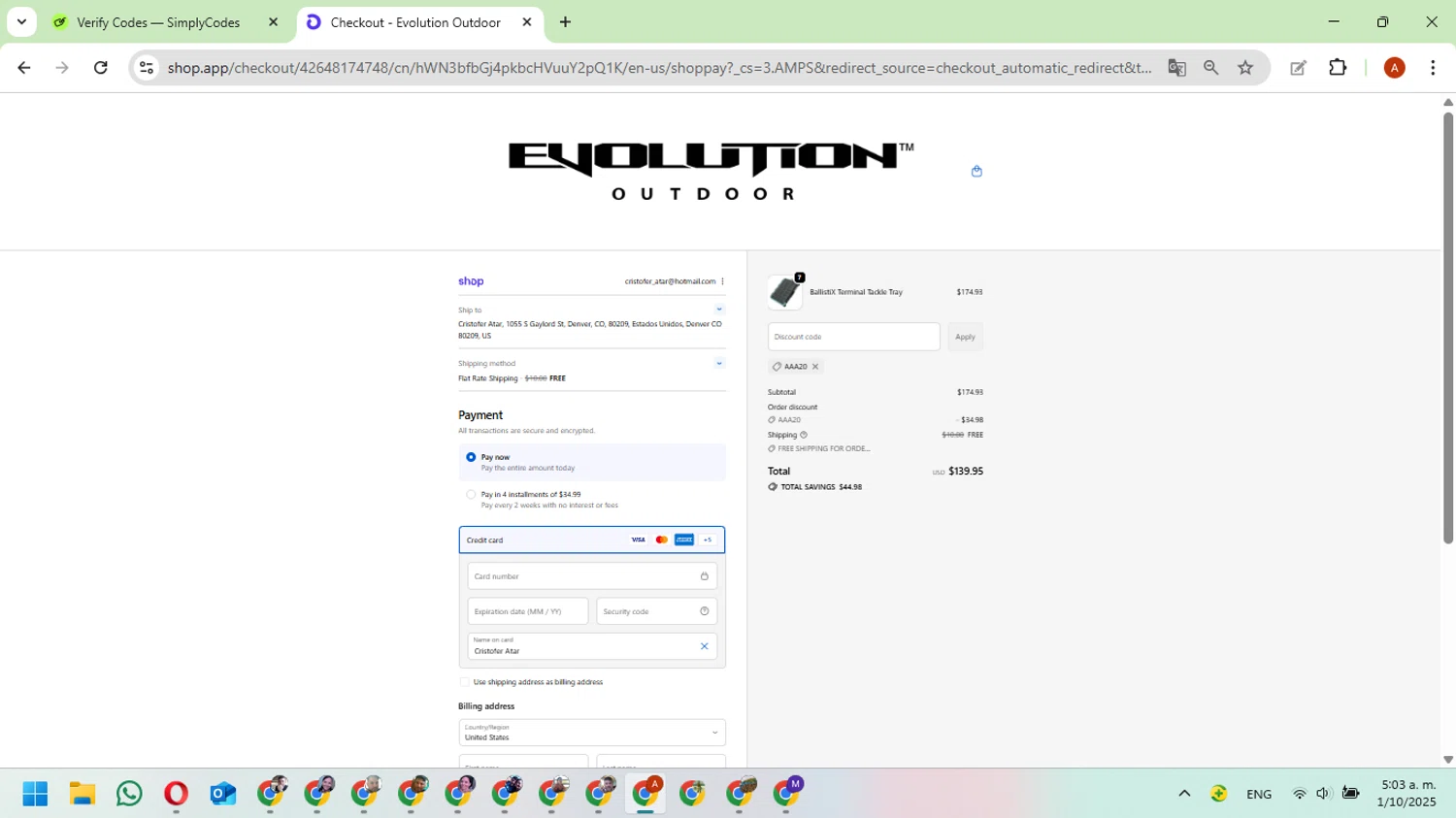 Evolution Outdoor promo code screenshot showing code AAA20 applied at Evolution Outdoor checkout page. Uploaded by SimplyCodes community member FundoKadmiel on Oct 1, 2025
