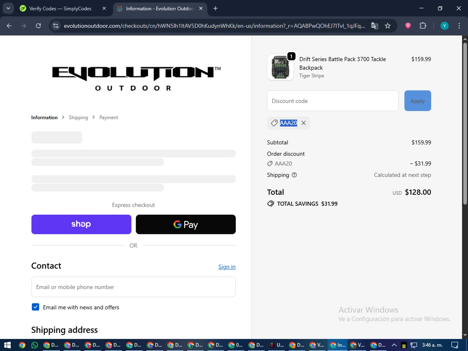 Evolution Outdoor promo code screenshot showing code AAA20 applied at Evolution Outdoor checkout page. Uploaded by SimplyCodes community member RoyalEagle4794 on Nov 27, 2025