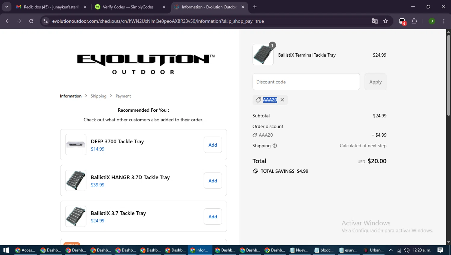 Evolution Outdoor promo code screenshot showing code AAA20 applied at Evolution Outdoor checkout page. Uploaded by SimplyCodes community member SmartLion6646 on Sep 2, 2025
