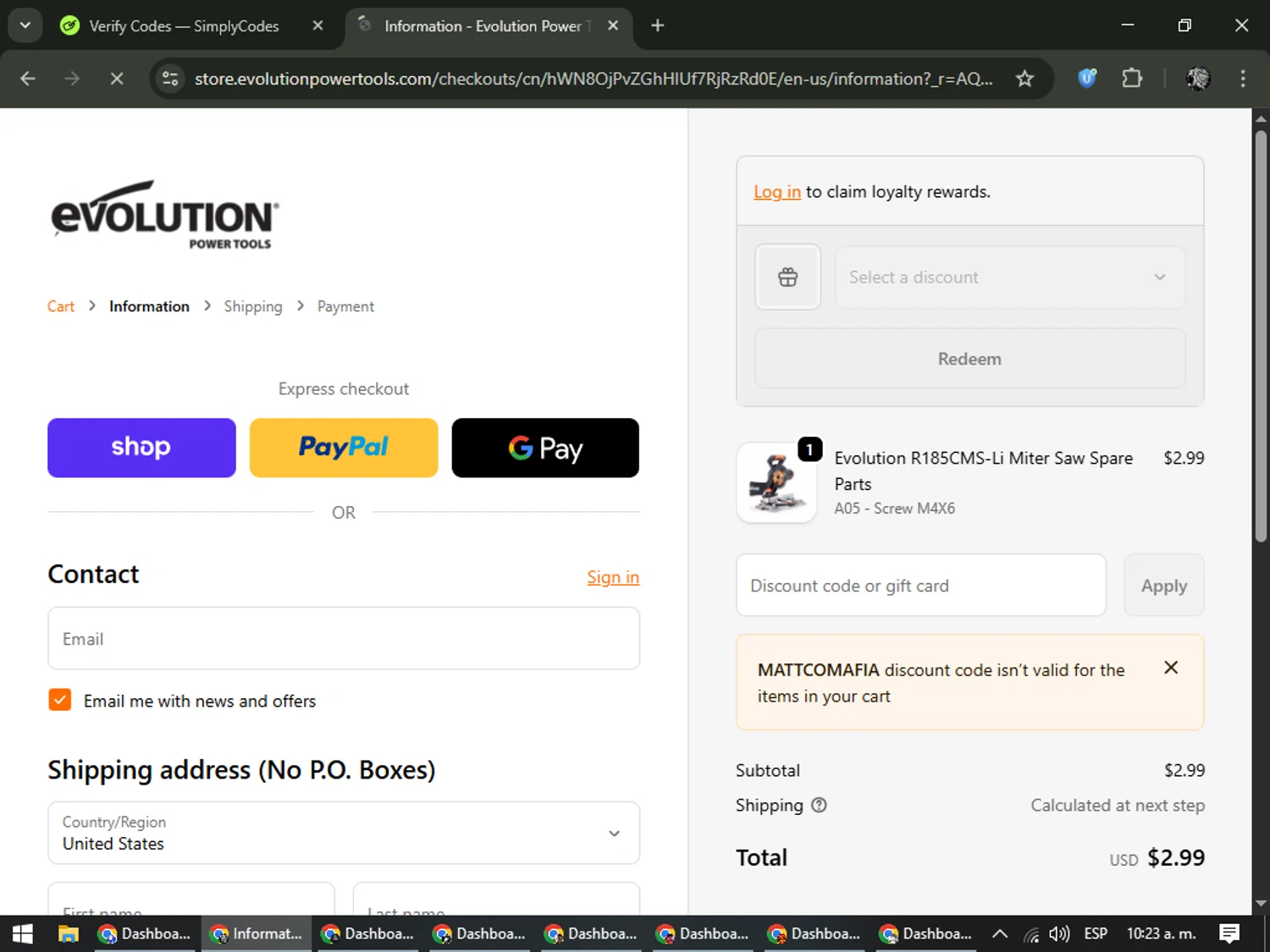 Evolution Power Tools checkout page showing Evolution Power Tools discount code box | Screenshot taken by SimplyCodes community member on Feb 4, 2026