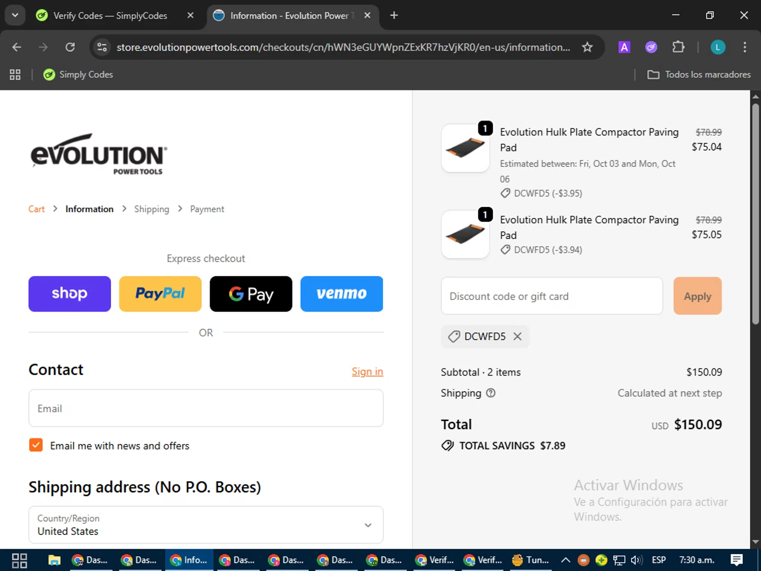 Evolution Power Tools discount code screenshot showing code DCWFD5 applied at Evolution Power Tools checkout page. Uploaded by SimplyCodes community member LuckyLegend792 on Oct 2, 2025
