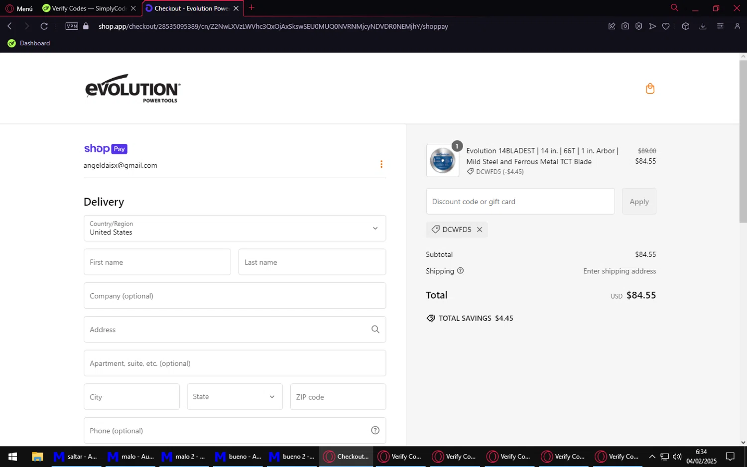 Evolution Power Tools discount code screenshot showing code DCWFD5 applied at Evolution Power Tools checkout page. Uploaded by SimplyCodes community member LuckyVirtuoso1831 on Feb 4, 2025