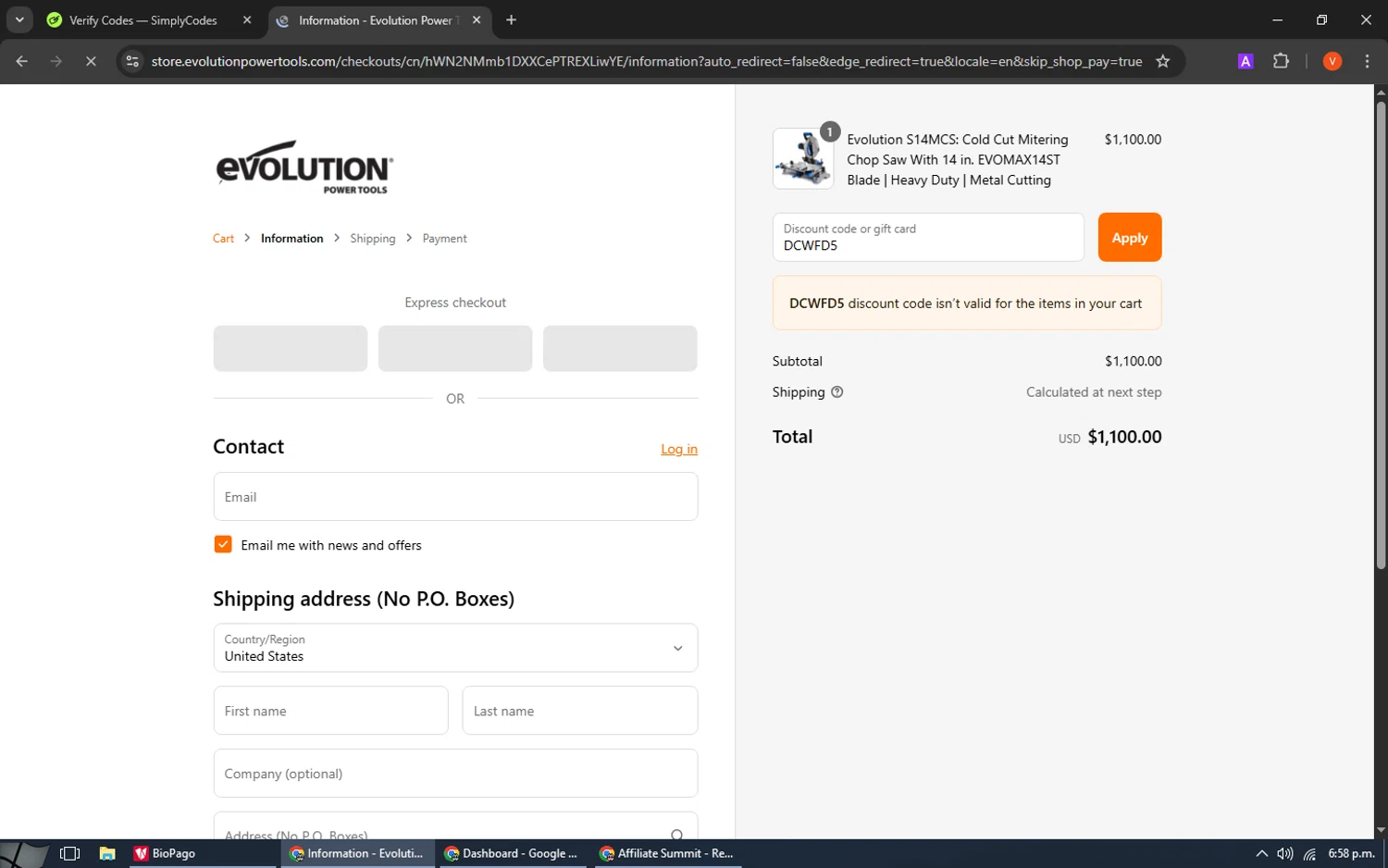 Evolution Power Tools discount code screenshot showing code DCWFD5 applied at Evolution Power Tools checkout page. Uploaded by SimplyCodes community member SavingsCaptain8190 on Aug 29, 2025