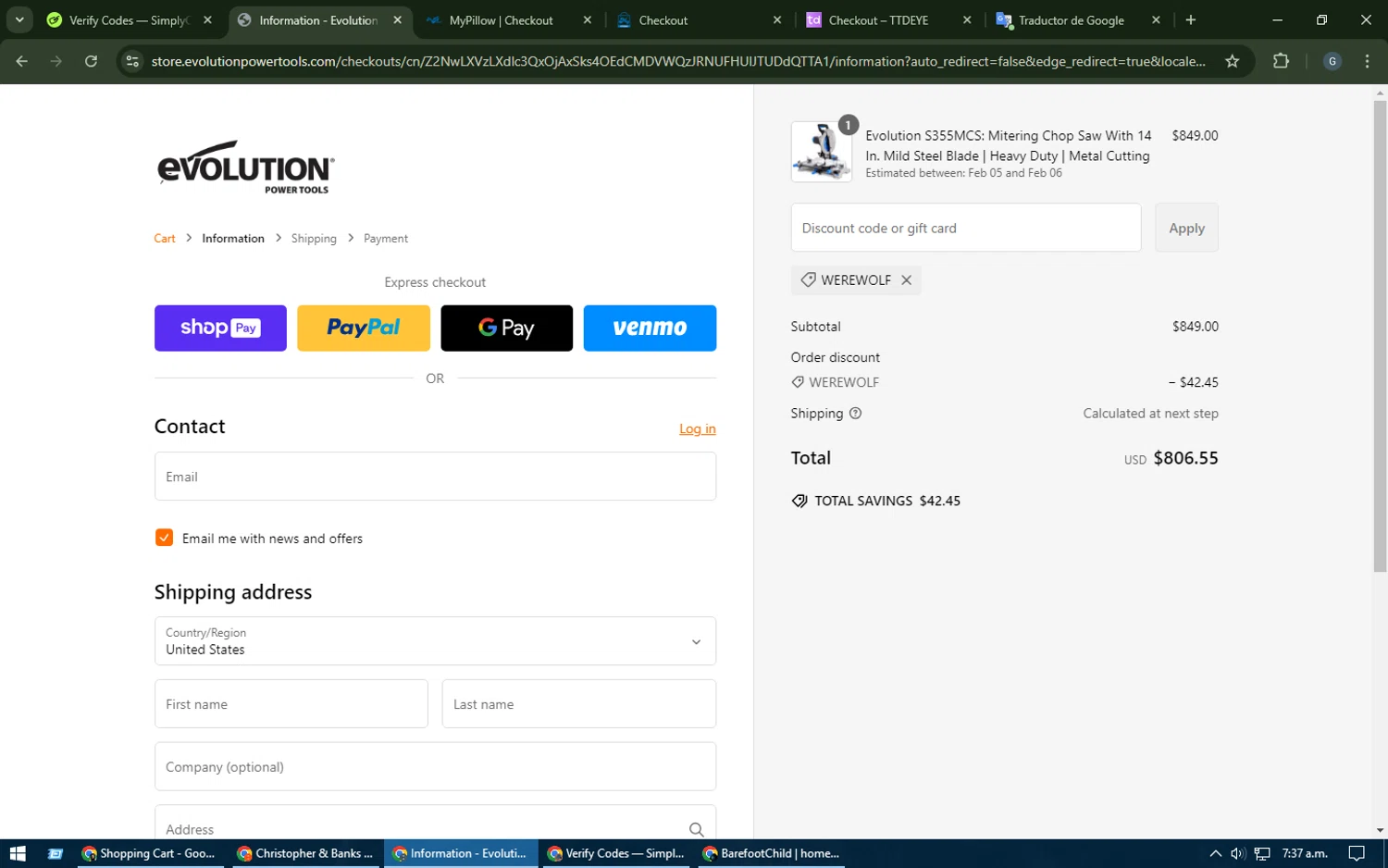 Evolution Power Tools discount code screenshot showing code WEREWOLF applied at Evolution Power Tools checkout page. Uploaded by SimplyCodes community member TOUSEN on Feb 4, 2025