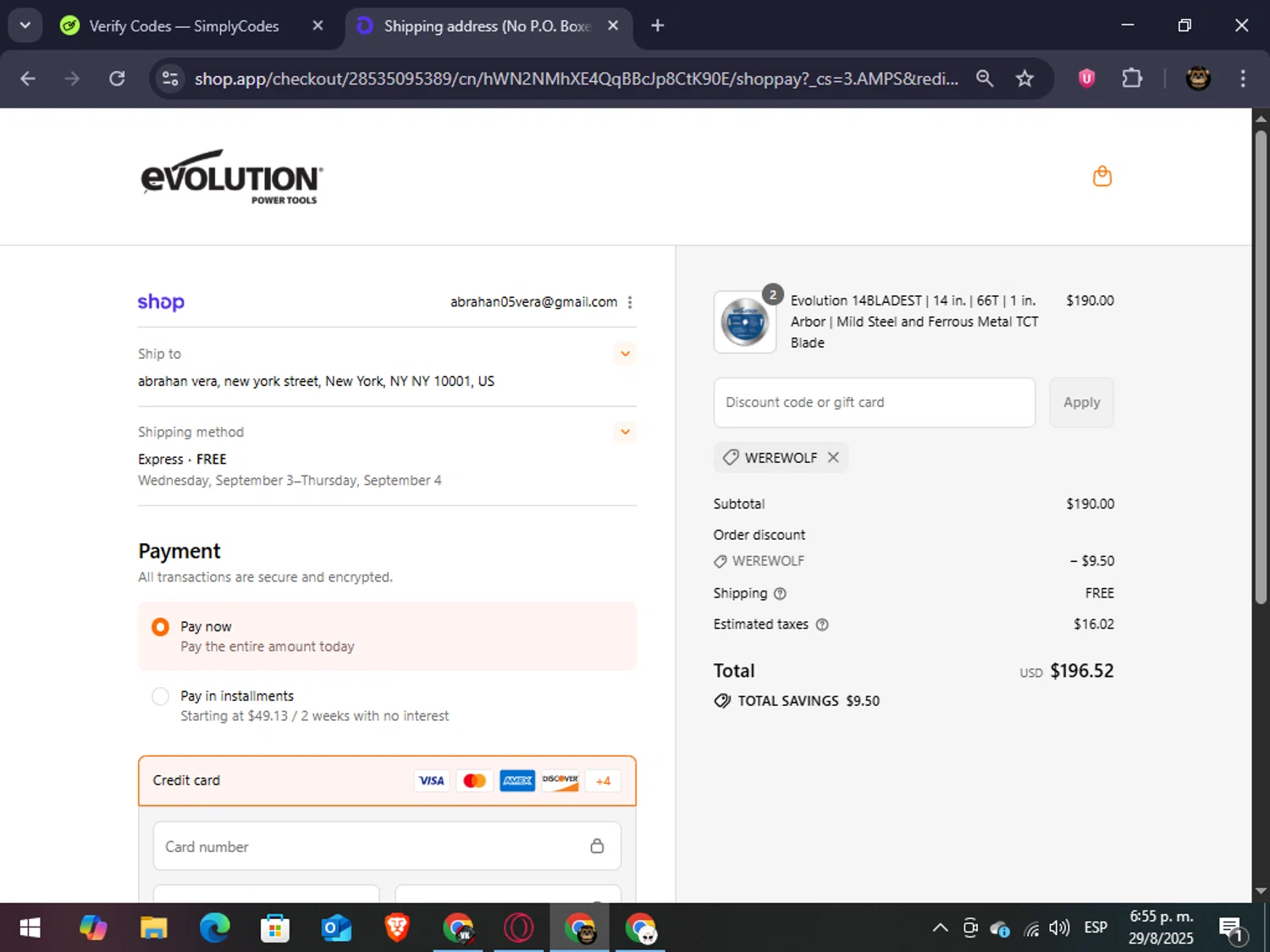Evolution Power Tools discount code screenshot showing code WEREWOLF applied at Evolution Power Tools checkout page. Uploaded by SimplyCodes community member abrahanv on Aug 29, 2025
