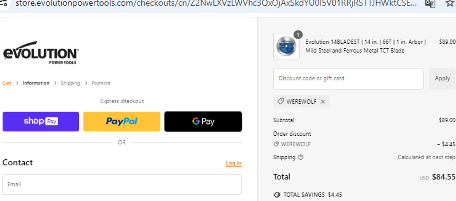 Evolution Power Tools discount code screenshot showing code WEREWOLF applied at Evolution Power Tools checkout page. Uploaded by SimplyCodes community member PennyOwl2559 on Jan 6, 2025