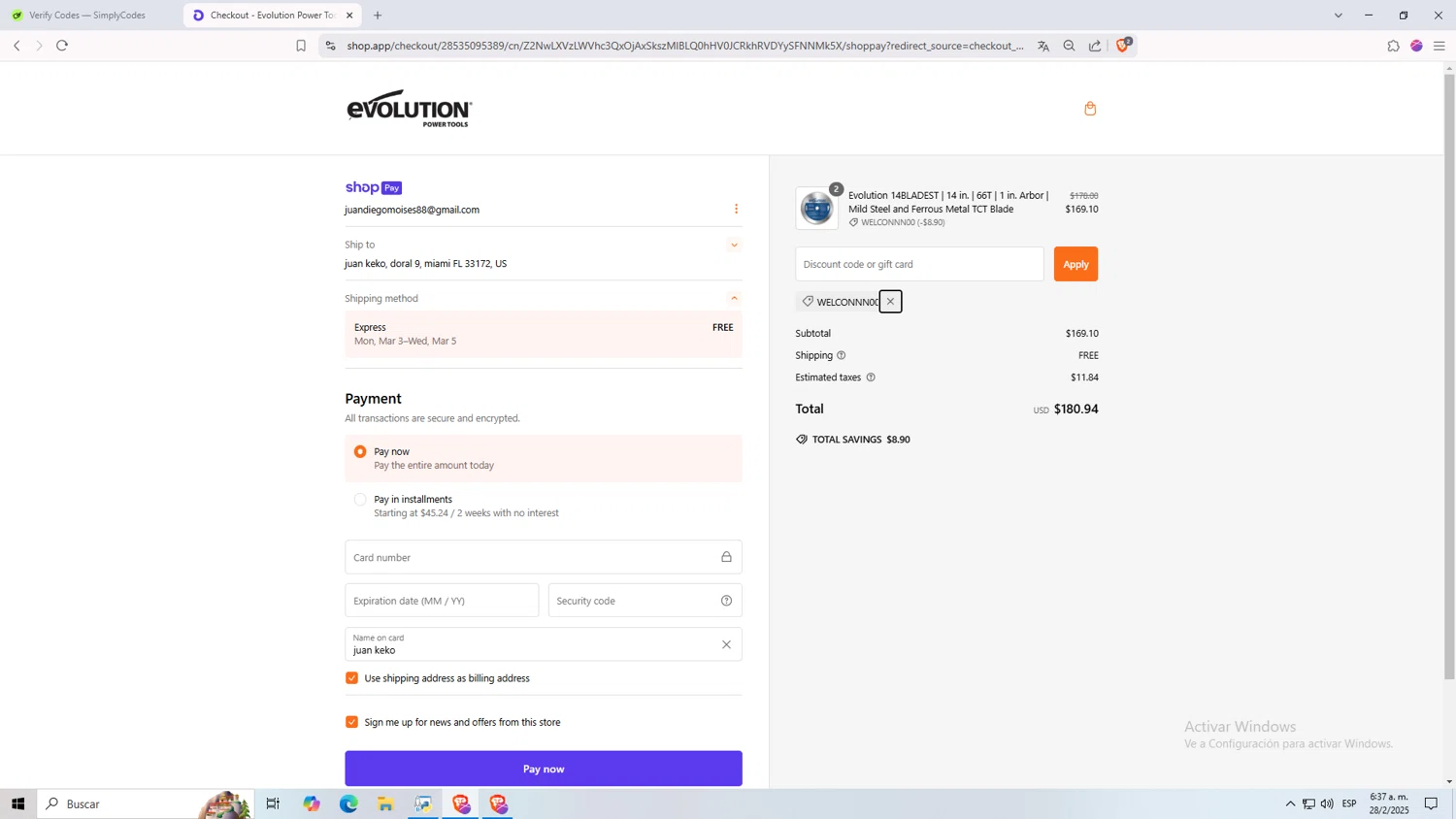 Evolution Power Tools discount code screenshot showing code Welconnn00 applied at Evolution Power Tools checkout page. Uploaded by SimplyCodes community member Monitos on Feb 28, 2025